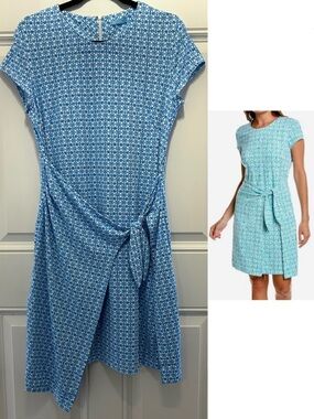 J.MCLAUGHLIN Havana Dress Blue White Faux Wrap Tie Print Dress Large